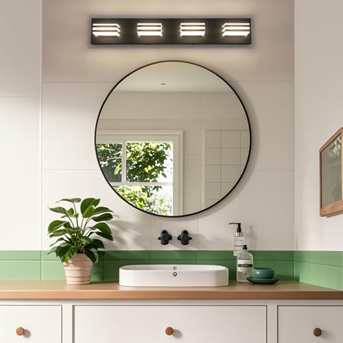 Image of 4-Light LED Black Vanity Lights for Bathroom Light Fixtures Adjust 3 Colors Modern Bath Lighing Over Mirror LED Vanity Light 27inch Acrylic Heads