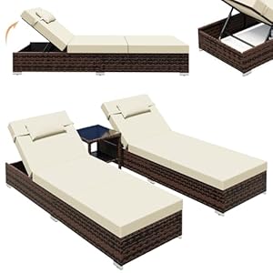UDPATIO Sonnenliege 2 Personen Set, 3er Gartenmöbel Lounge Set Outdoor inkl. 2 Polyrattan Gartenliegen Wetterfest & 1 Tisch, Sonnenliegen Set für Garten, Terrasse, Balkon (Braun-meliert & Weiß Bezüge)