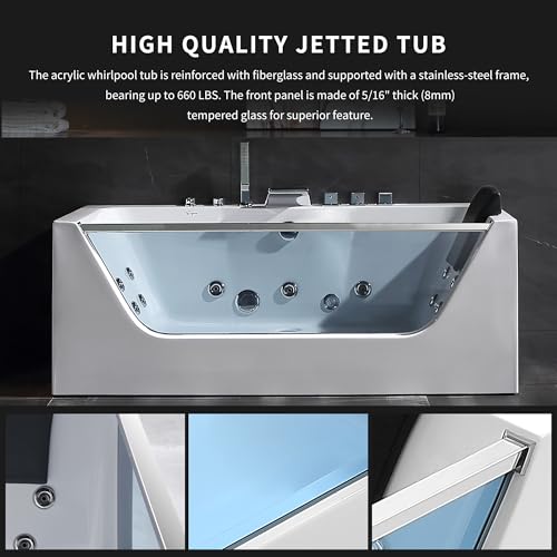 Empava Whirlpool Bathtub with 11 Jets,59\" Spa Tub with Light,Hydromassage with Chromatherapy,Acrylic,3-Side Apron,White
