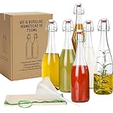 myFERMENTS Set 6 Botellas 750ml Cristal con Cierre Hermético | Kit Fermentación Grolsch Botella Reutilizable | Incluye Embudo 10cm, Muselina 50x50cm | Agua, Zumos, Cerveza, Kombucha, Aceites