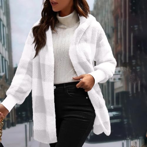 KIKX0DE Womens Long Fuzzy Shackets Plaid Flannel Long Sleeve Fall Jackets Casual Oversized Hooded Clothes Outfits2