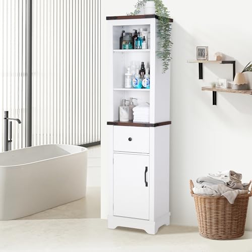 Decofy 63 Inch Tall Bathroom Cabinet, Wood Storage Cabinets with 5 Shelves & Drawers, Space Saving Organizer, Slim Tall Cabinet for Bathroom, Living Room, Kitchen, Pantry (White)