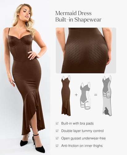 Popilush Corset Dress Built in Shapewear - Formal Dress for Women Deep V Neck Maxi Slip Bridesmaid Dresses for Wedding Brown — view 3