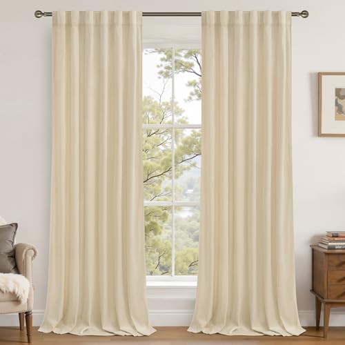 LAMIT Beige Velvet Curtains 90 Inches for Living Room, Elegant Thermal Insulated Panels Noise Reducing Back Tab and Rod Pocket Drapes for Bedroom/Farmhouse, 2 Panels, 52 x 90 Inch