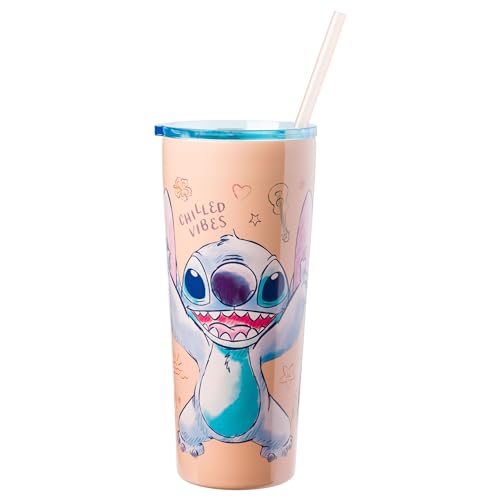 Image of Silver Buffalo Disney Lilo and Stitch Island Doodles Chilled Vibes Double Walled Stainless Steel Tumbler with Straw, 22 Ounces