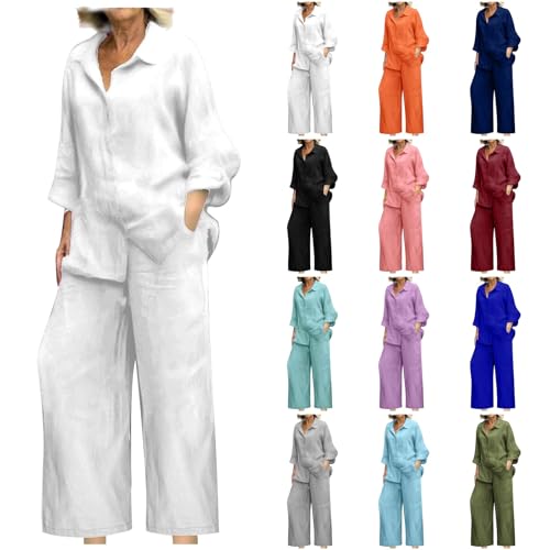 2 Piece Sets for Women Summer,Women Two Piece Outfits Sets Summer Long Sleeve Shirts & Wide Leg Trousers Loose Fit Dressy Cotton Linen Sets Outfits 2025 White XXXL