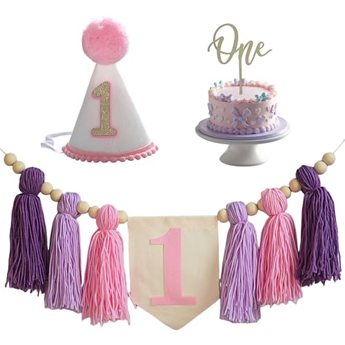 Image of Girl First Birthday Pastel Pink Purple ONE High Chair Banner with Cone Hat & Cake Toppe Baby Girl Spring 1st Birthday Decoration(Pink Purple 1st)