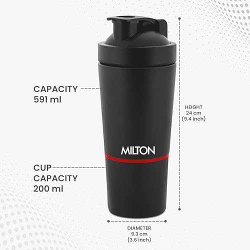 Image of MILTON Pro Mix Ultra Shaker with Blending Ball, Black, Shakers for Protein Shake with detachable Storage Compartment, Leakproof, Fitness Freak, Gym Bottle for Men and Women BPA-Free (591ml + 200ml)