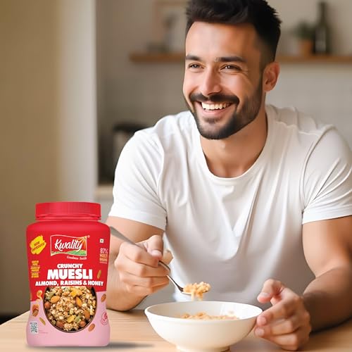 Image of Kwality Crunchy Muesli Almond, Raisins and Honey, Goodness of Multigrain, High in Fibre Source of Vitamin, Iron and Protein 1Kg Jar [Pack of 1]