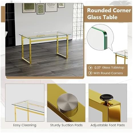 Miniatura 6 de Juego de mesa de comedor de cristal para 4, mesa de comedor rectangular moderna para 4, juego de mesa y sillas de cocina doradas de 51 pulgadas,