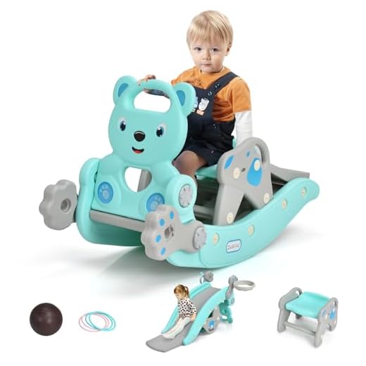 GLACER 5 in 1 Toddler Slide Rocking Toy, Rocking Horse Playset with Slide, Basketball Hoop, Ring Toss Game, Stool & Inflatable Basketball, Convertible Climber Playground for Indoors Outdoors (Green)