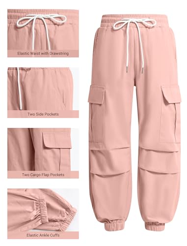 Image of JiAmy Girls Cargo Pants Elastic High Waist Drawstring Pants Jogger Trousers Casual Loose with Pockets 6-14Y