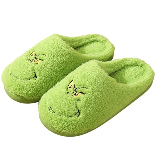 jkahh Grinchmas Slippers Christmas Funny Slippers Comfy Warm Furry House Shoes for Adults Men Women Christmas Shoes (Green, Adult, Women, Medium, Alpha, US Footwear Size System, Medium)