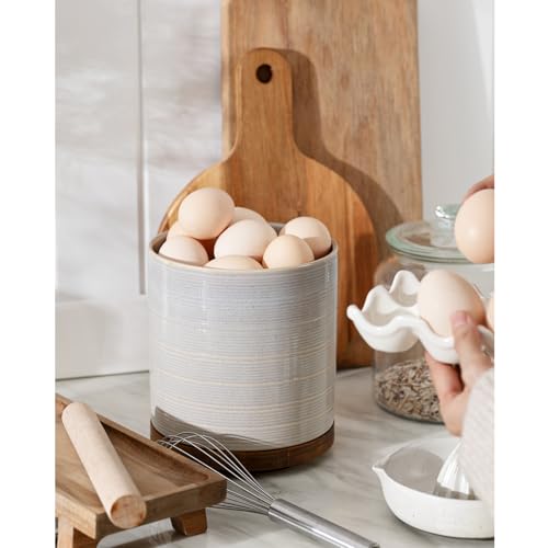 Image of Utensil Holder, 360 Rotating Extra Large Ceramic Kitchen Utensil Holder for Countertop, 7.3 inch Cooking Utensil Crocks for Kitchen Counter with Rotatable Wooden Base, Farmhouse Decor, Grey