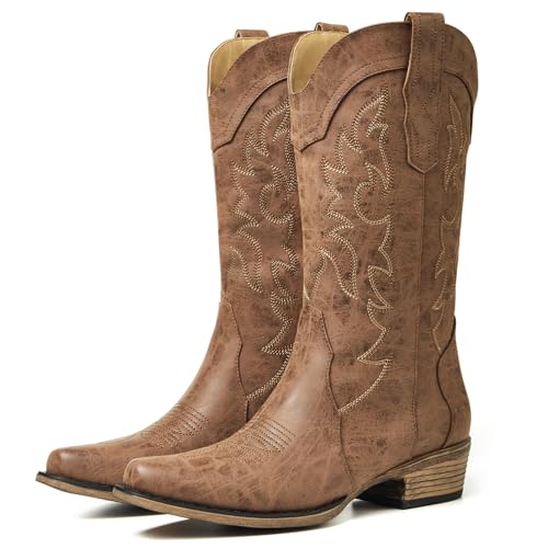 Image of Cowboy Boots for Women, Chunky Heel Western Boot | Mid-calf cowgirl boots with all-day comfort, ideal for daily outfits, country music festivals and western themed occasions