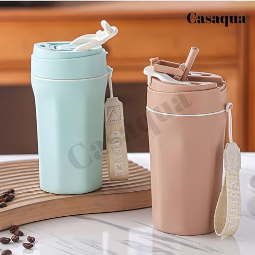 Image of Reusable Coffee Travel Mug with Leakproof Flip Lid - 400ml, Set of 1, Portable Coffee Cup with Wrist Strap, Coffee Tumbler for Hot & Cold Drinks, Office, Travel, Car, Home (Random Colour)