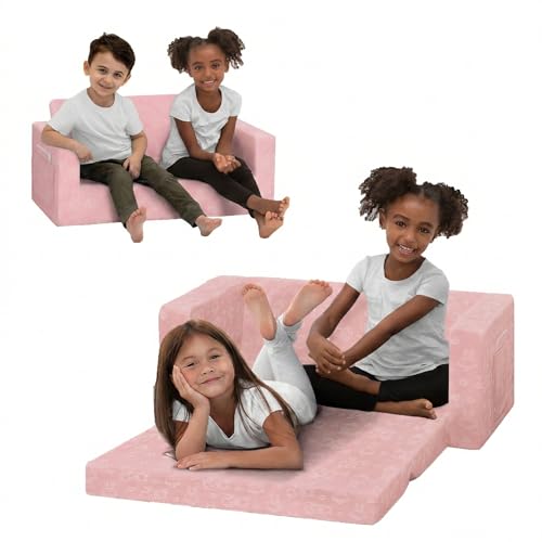 Image of Delta Children - Serta Perfect Sleeper Kids 2-Seater Sofa, Convertible 2-in-1 Flip Open Toddler Couch Sleeper, Foam Chair for Playroom & Bedroom, Bed Lounger, Comfy Play Sleeping Lounge Chair, Pink
