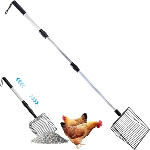 Chicken Poop Scooper,10 Inch Large Chicken Poop Scooper,Adjustable Stainless Steel Handle, Litter Sifting Shovel for Chicken Coop, Farm, Sheep Pen, Cat Litter, Stable Cleaning (1PCS)