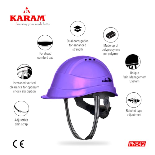 Image of KARAM ISI Marked Safety Helmet for Construction & Outdoor Activities | Adjustable Chin Strap & Rachet Type Adjustment | Lightweight, Comfortable & Durable Hard Hat | Violet | PN542 (Pack of 2)