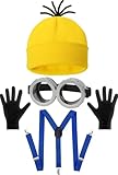 HEYFIZZ 4 Pcs Adult Halloween Costume Accessories,Yellow Beanie/Suspenders/Goggles glasses/Gloves Cosplay Party Set