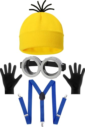 HEYFIZZ 4 Pcs Adult Halloween Costume Accessories Yellow Beanie/Suspenders/Goggles glasses/Gloves Cosplay Party Set