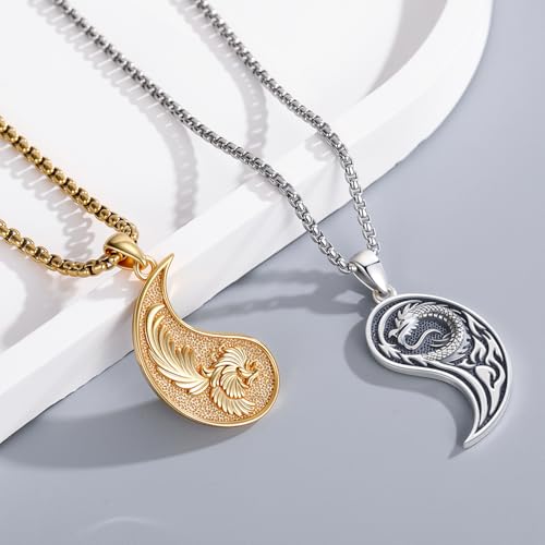 MEDWISE Dragon Phoenix Yin Yang Necklace Double 925 Sterling Silver Dragon Phoenix Pendant Partner Friendship Couples BFF Pendant Necklace Yin Yang Jewelry Matching Set for Her Him Women Men2