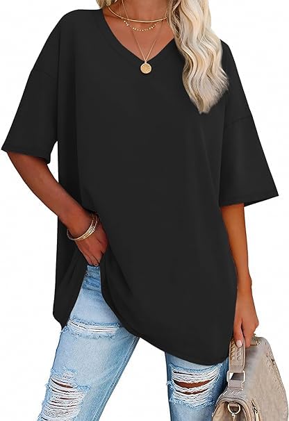 Haibang Camisetas Manga Corta Mujer Verano Cuello en V T-Shirt Oversize Casual Holgada Camisas Clásica Elegante Tops Básico Ropa Color Sólido Blusa Suelto Tallas Grandes
