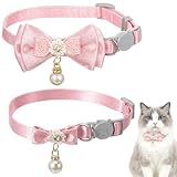 Lot de 2 colliers pour chat - Rose - Avec fermeture de sécurité - Pendentif en perles - Nœud papillon doux - Pour enfiler les chats femelles - Nœud papillon décoratif