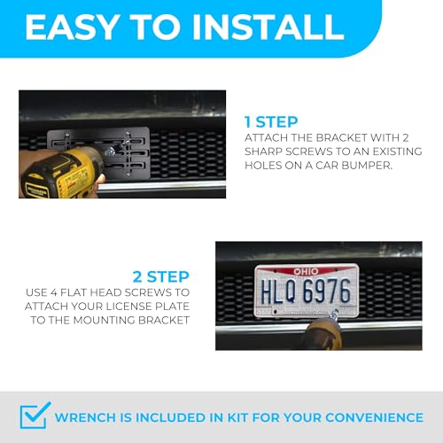 Front Bumper License Plate Bracket for Jeep 2000-2026, Plate Holder Set w 6 Unique Screw Bolts & Wrench Kit, License Tag Mounting Kit, Quality Plate Holders, Premium Car Accessories