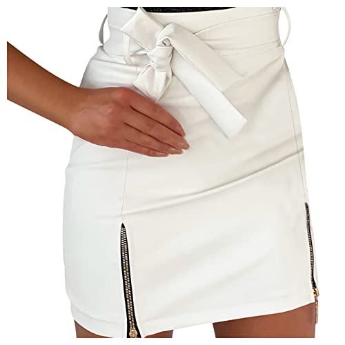 Graceyo Dame Rock Frauen Sexy PU Leder Bleistift Bodycon Belted Bogen Knoten Gebunden Schlitz Split Hohe Taille Mini kurzer Röcke Kunstleder Minikleider mit Reißverschluss Lederrock Cover