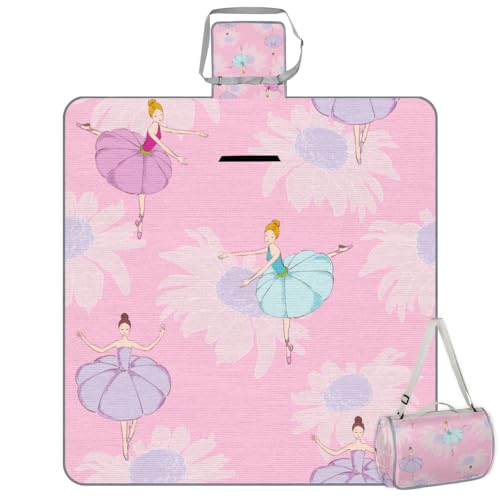 Picnic Blankets 57”x 59”, Sunflower Flower Ballerina Girl Waterproof Sandproof Picnic Mat Lightweight Foldable Beach Blanket for Camping Park Grass Beach Outdoor Blanket