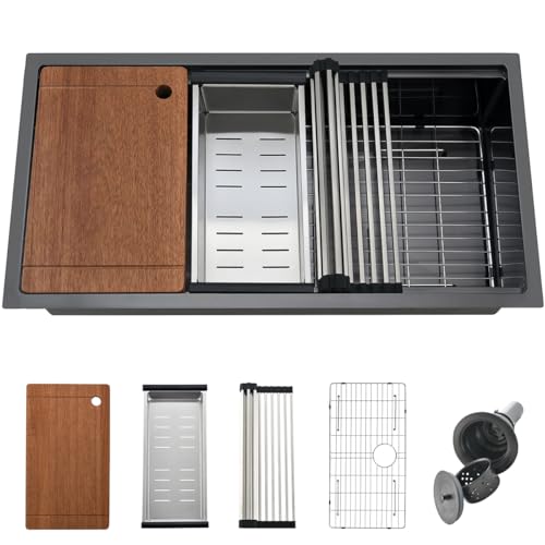 36 Black Undermount Worksation Kitchen Sink, Gabhar 36x19 Inch 16Gauge