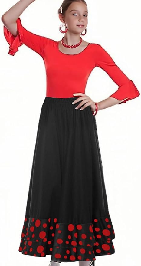 Genérico Falda Flamenca Niña,Ideal para Baile Flamenco y Sevillanas Danza Disfraz (FR/ES, Edad, 10 años, Regular, Negro y Lunares Rojo 2 Volantes)