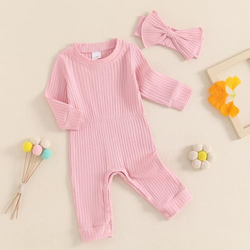Newborn Baby Girl Fall Outfits Long Sleeve Ribbed Romper Jumpsuit with Headband Set Infant Girl Clothes3