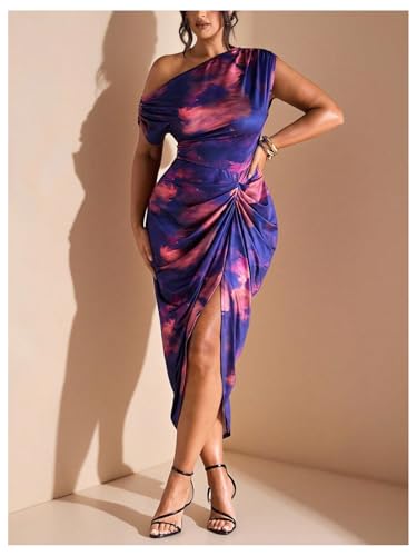 Image of Floerns Women's Plus Size Asymmetrical Neck Long Dress Ruched Slit Hem Cocktail Dress