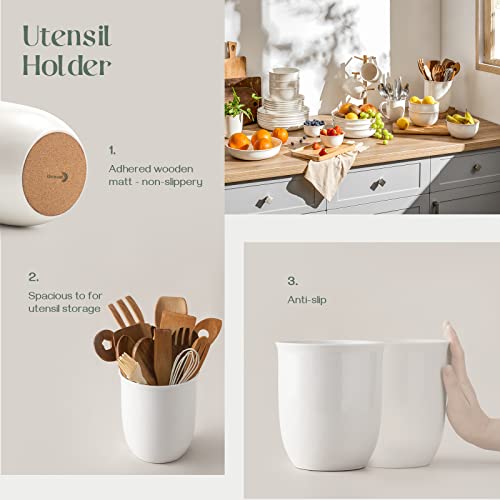 Dowan White Utensil Holder, 7.1" Kitchen Utensil Holder, Utensil Holder For Countertop, Home Decor, Table-Protection Cork Mat, Ceramic Container For Utensil Sets, Utensil Crock, Plant Pots #TOP4