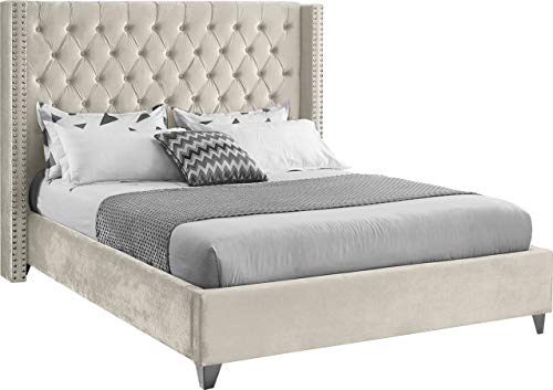 Meridian Furniture Aiden Collection AidenCream-K Modern | Contemporary Velvet Upholstered Bed with Deep Button Tufting, Solid Wood Frame, and Custom Chrome Legs, King, Cream, 88