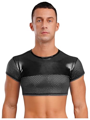 Yhong T-shirt för män slim fit kortärmad crop top magfri glänsande muskelskjorta stretch strap jazz disco danströja scen festival klubbkläder, svart, S