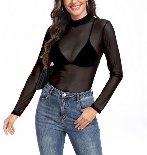 Womes Sexy Long Sleeve Mesh Top Fashion Turtle Neck See Through Slim Fall Blouse Going Out Clubwear Outfits Black