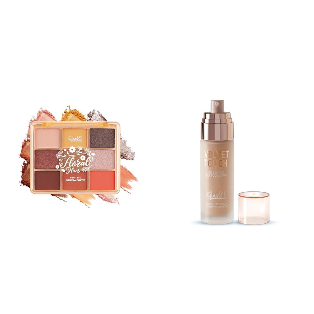 Glam 21Floral Hues 9 In 1 Eyeshadow Palette | Highly Pigmented Smudge-Proof (7.5 gm) | 06- SunflowerVelvet Touch Oil Control Silk Foundation|Waterproof, High Coverage|SPF 35 Long Lasting|Beige-50gm-image-26