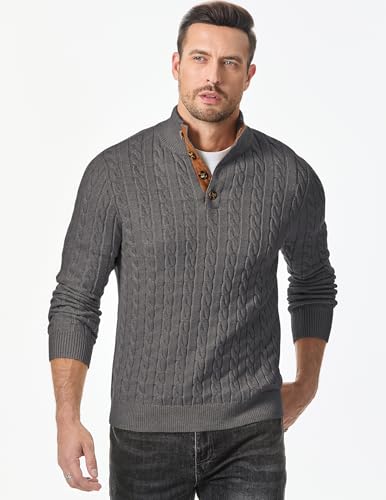 Image of JMIERR Men's Cable Knit Pullover Sweater Casual Long Sleeve Stand Collar Button Knitted Sweaters