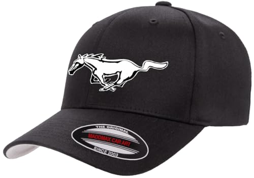 Maddmax Car Art Ford Mustang Running Horse Logo Flexfit 6277 Athletic Baseball Fitted Hat Cap Black L/XL 7 1/8-7 5/8