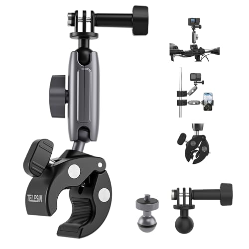 TELESIN Motorcycle Handlebar Bicycle Bike Mount Clamps For GoPro Hero 10 9 insta360 one X2 DJI Action 2,360° Double Ball Head Clamp Holder with 1/4-20mm Adapter for Camera and Phone