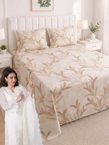 Image of Mafatlal 186 TC Metro Cotton King Size Bedsheet | 108 x 108 Inch | Soft, Breathable & Lightweight | Includes 2 Pillow Covers | Cream Gold