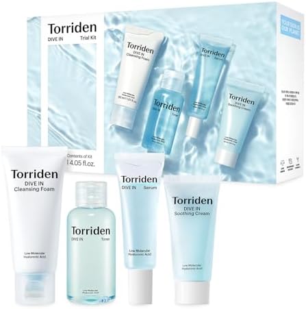 Torriden DIVE IN Trial Kit | Hyaluronic Acid Infused Daily Skincare Kit - 4 Step Regimen with Foam Cleanser, Facial Toner, Serum, and Cream | Korean Skin Care Set