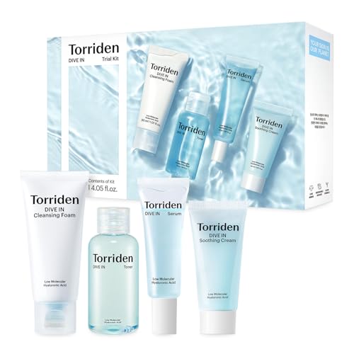 Torriden DIVE IN Trial Kit | Hyaluronic Acid Infused Daily Skincare Kit – 4 Step Regimen with Foam Cleanser, Facial Toner, Serum, and Cream | Travel Essential | Holiday Gift Stocking Stuffer