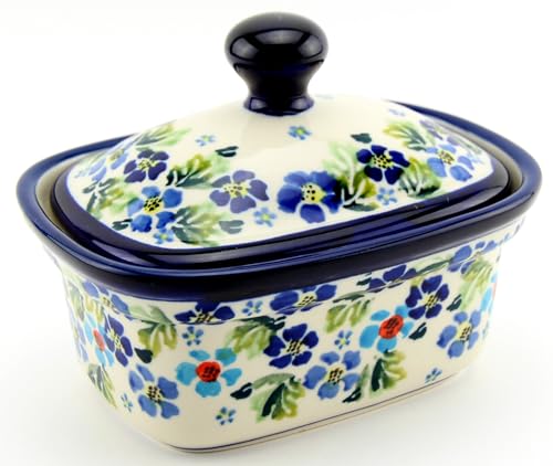 Polish Pottery Butter Tub - Azure Daisy Delight Pattern - Handmade and Hand-Painted Stoneware from Zaklady Ceramiczne 'Boleslawiec' - 2 Cup Capacity, W 4