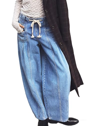 loveimgs Women Oversized Baggy Barrel Jeans Elastic Waist Y2k Low Rise Jeans Drawstring Wide Leg Denim Pants Cargo Boyfriend