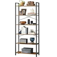 6-Tier Bookcase, Rustic Bookcase, Metal Shelving Unit, Industrial Storage Rack, Shelving Unit, Wooden Shelf and Metal Frame Book Rack,for Office, Study, Living Room, Bedroom, Brown and Black