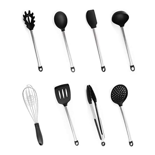 Utensilios Cocina Silicona, Bi-Komfort 8 Pcs Cocina Accesorios; Incluyen Pinzas Cocina, Tenedor Pasta, Batidor, Turner Ranurado, Cuchara para Servir, Cucharón Sopa, Colador y Espátula Flexible